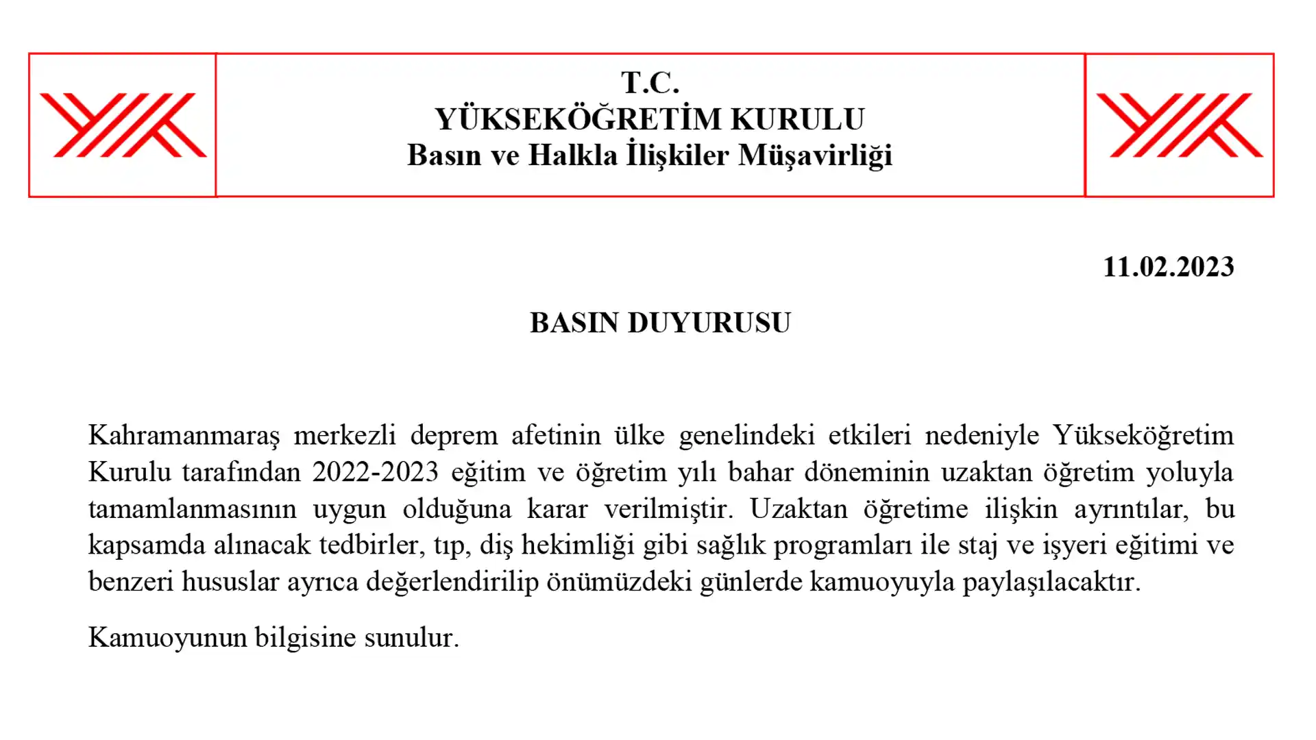 بیانیه سازمان آموزش عالی ترکیه (YÖK)