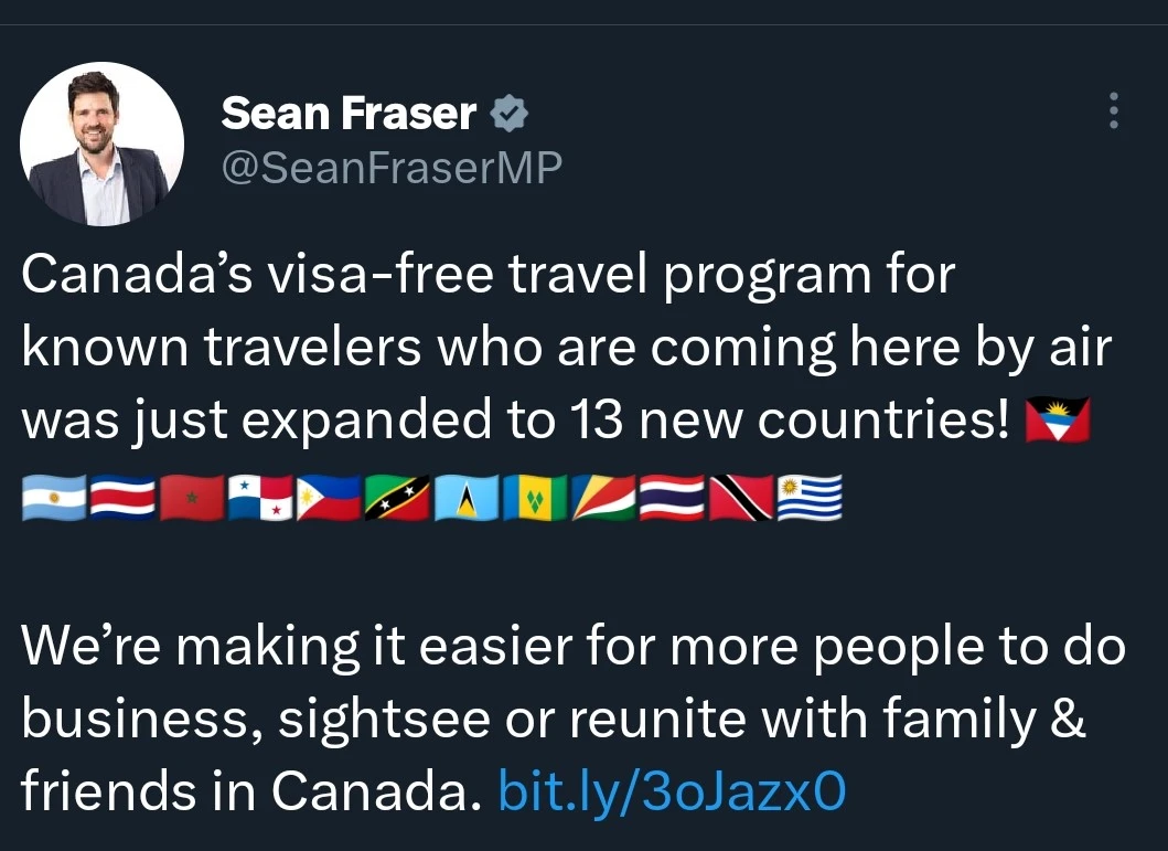 توییت شان فریزر درباره خبر امکان سفر بدون ویزا به کانادا